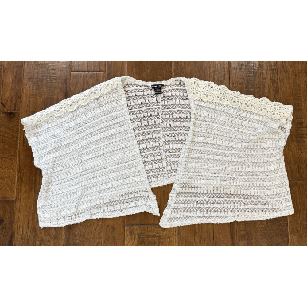 Vintage Y2K Wet Seal Lace Crop Cardigan Top Small White Crochet Open Sheer Fairy